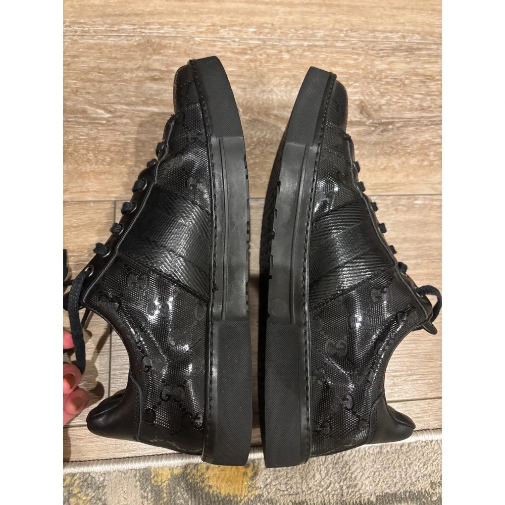 Gucci GG Embossed Leather Sneakers Low Top Lace Up Black Designer Shoes - Picture 10 of 14